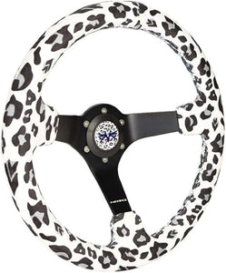 NRG Reinforced Steering Wheel (350mm/3in. Deep) SAVAGE White Leopard w/ Matte Blk Spokes