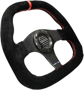 NRG Carbon Fiber Steering Wheel (320mm) Black CF Center w/Black Stitch Red Center Mark Flat Bottom