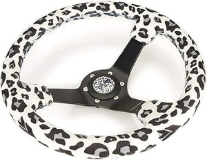 NRG Reinforced Steering Wheel (350mm/3in. Deep) SAVAGE White Leopard w/ Matte Blk Spokes