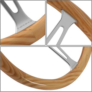 NRG Reinforced Steering Wheel (380mm) Light Wood Grain w/3-Spoke Center Shinny Chrome