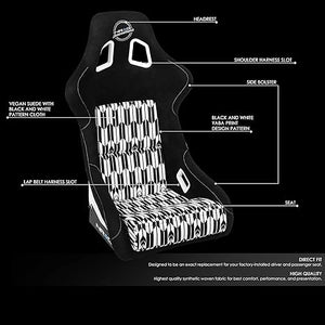 NRG FRP Bucket Seat Vegan Suede w/ Black & White Yaba Print - Large