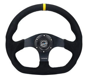 NRG Reinforced Steering Wheel (320mm) Sport Alcantara Flat Bottom w/ Yellow Center Mark