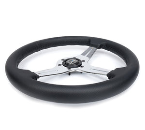NRG Light Weight Gaming Steering Wheel - 350mm 3 Black Chrome Silver Spokes Perforated Leather