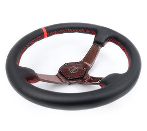 NRG Carbon Fiber Steering Wheel 350mm 3in Deep Red Carbon Fiber Red Stiching Red Center Mark Leather