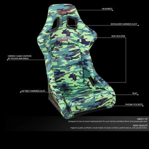 NRG FRP Bucket Seat PRISMA Green Camo Edition Vegan Matl. w/ Phone Pkt. - Green pearl back - Large
