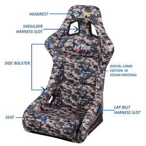 NRG FRP Bucket Seat PRISMA Digital Camo Edition Vegan Matl. w/ phone pocket Silver pearl bck - Large