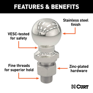 Curt 1-7/8in Trailer Ball (1in x 2-1/8in Shank 3500lbs Stainless)