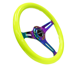 NRG Classic Wood Grain Steering Wheel (350mm) Neon Yellow Color w/Neochrome Spokes