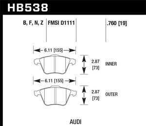 Hawk 09 Audi A4 Cabriolet / 05-07 A4 / 05-09 A4 Quattro / 06-09 A6 / 08 VW R32 HPS Front Brake Pads