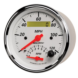 AutoMeter Gauge Tach/Speedo 3-3/8in. 120MPH & 8K RPM Elec. Program. Arctic White