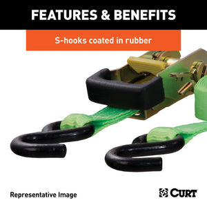 Curt 15ft Dark Green Cargo Straps w/S-Hooks (300lbs 2-Pack)