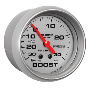 AutoMeter Marine Vac/Boost Gauge 2 5/8in  30INHG 30PSI Mechanical- Silver