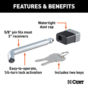 Curt 5/8in Hitch Lock (2in 2-1/2in or 3in Receiver Deadbolt Chrome)