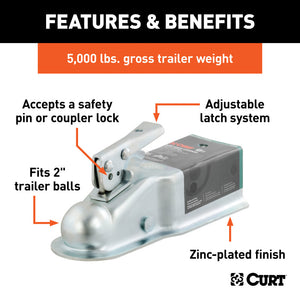 Curt 2in Straight-Tongue Coupler w/Posi-Lock (3in Channel 5000lbs Zinc)