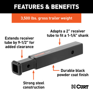 Curt Receiver Tube Adapter (2in to 1-1/4in Shank 3500lbs GTW 9-1/2in Length)