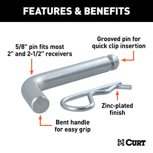 Curt 5/8in Hitch Pin w/Groove (2in or 2-1/2in Receiver Zinc Packaged)