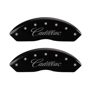 MGP 4 Caliper Covers Engraved Front Cursive/Cadillac Engraved Rear STS Black finish silver ch