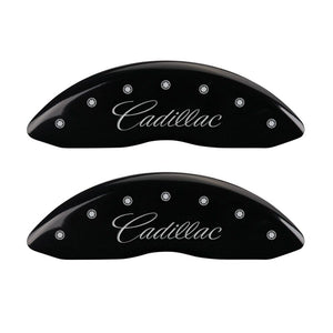 MGP 4 Caliper Covers Engraved Front Cursive/Cadillac Engraved Rear SRX Black finish silver ch