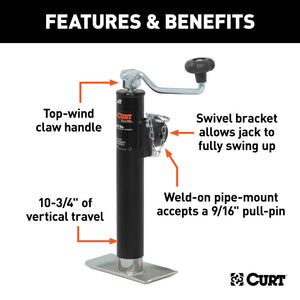 Curt Pipe-Mount Swivel Jack w/Top Handle (2000lbs 10in Travel)