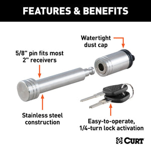 Curt 5/8in Hitch Lock (2in Receiver Barbell Stainless)