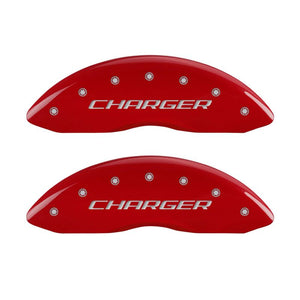 MGP 4 Caliper Covers Engraved Front Charger Engraved Rear RT Red finish silver ch