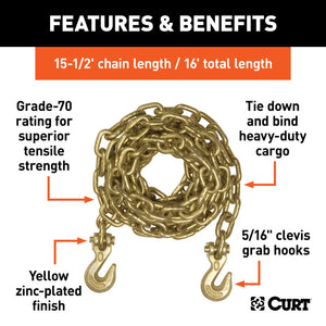 Curt 16ft Transport Binder Safety Chain w/2 Clevis Hooks (18800lbs Yellow Zinc)