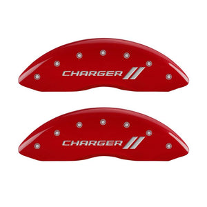 MGP 4 Caliper Covers Engraved Front & Rear With stripes/Charger Red finish silver ch