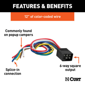 Curt 6-Way Square Connector Plug w/12in Wires (Trailer Side Packaged)