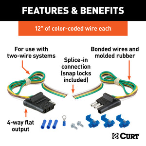 Curt 4-Way Flat Connector Plug & Socket w/12in Wires Each & Hardware (Packaged)