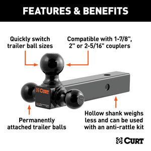 Curt Multi-Ball Mount (2in Hollow Shank 1-7/8in 2in & 2-5/16in Black Balls)