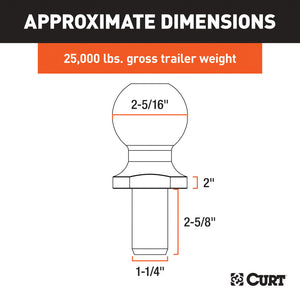 Curt 2-5/16in Trailer Ball (1-1/4in x 2-5/8in Shank 2in Rise 25000lbs Raw Steel)