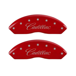 MGP 4 Caliper Covers Engraved Front Cursive/Cadillac Engraved Rear STS Red finish silver ch