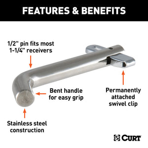 Curt 1/2in Swivel Hitch Pin (1-1/4in Receiver Stainless Packaged)