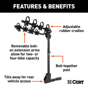 Curt Extendable Hitch-Mounted Bike Rack (2 or 4 Bikes 1-1/4in or 2in Shank)