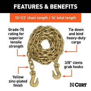 Curt 14ft Transport Binder Safety Chain w/2 Clevis Hooks (26400lbs Yellow Zinc)