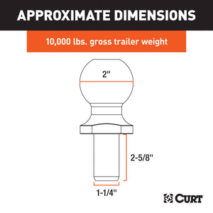 Curt 2in Trailer Ball (1-1/4in x 2-5/8in Shank 10000lbs Chrome Packaged)