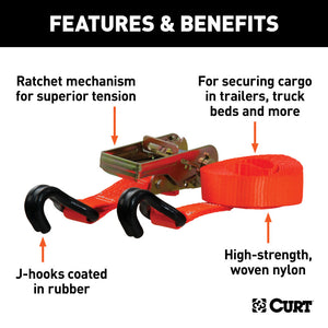 Curt 16ft Orange Cargo Strap w/J-Hooks (1100lbs)