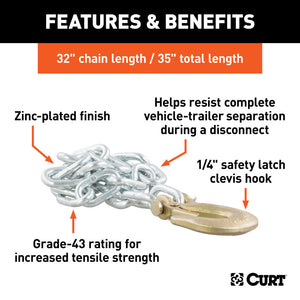 Curt 35in Safety Chain w/1 Clevis Hook (7800lbs Clear Zinc)