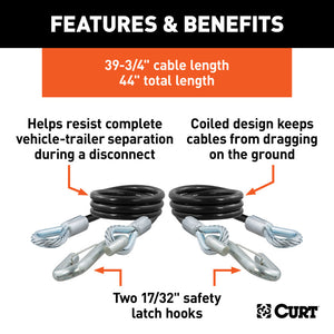 Curt 44in Safety Cables w/2 Snap Hooks (7500lbs Vinyl-Coated 2-Pack)