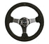 NRG Reinforced Steering Wheel (330mm / 3in Deep) Blk Suede w/Criss Cross Stitch w/Blk 3-Spoke Center