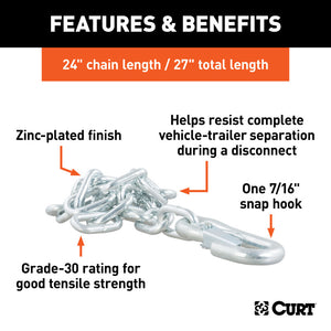 Curt 27in Safety Chain w/1 Snap Hook (5000lbs Clear Zinc)