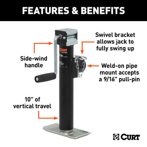 Curt Pipe-Mount Swivel Jack w/Side Handle (2000lbs 10in Travel)