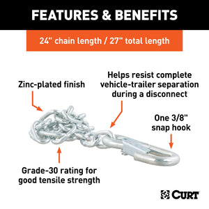 Curt 27in Safety Chain w/1 Snap Hook (2000lbs Clear Zinc)