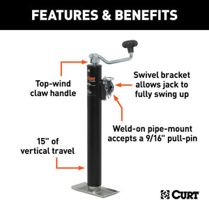 Curt Pipe-Mount Swivel Jack w/Top Handle (2000lbs 15in Travel Packaged)