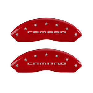 MGP 4 Caliper Covers Engraved Front Gen 5/Camaro Engraved Rear Gen 5/RS Red finish silver ch