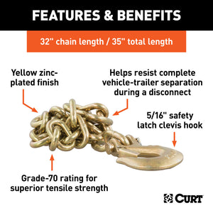 Curt 35in Safety Chain w/1 Clevis Hook (18800lbs Yellow Zinc)