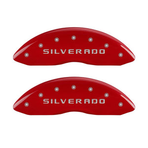 MGP Front set 2 Caliper Covers Engraved Front Silverado Red finish silver ch