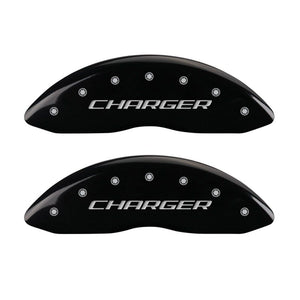 MGP 4 Caliper Covers Engraved Front Charger Engraved Rear RT Black finish silver ch