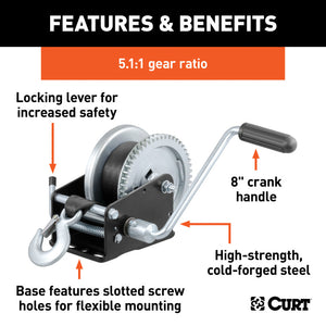 Curt Hand Winch w/20ft Strap (1900lbs 8in Handle)