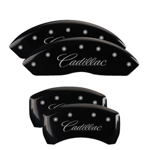 MGP 4 Caliper Covers Engraved Front Cursive/Cadillac Engraved Rear CTS Black finish silver ch